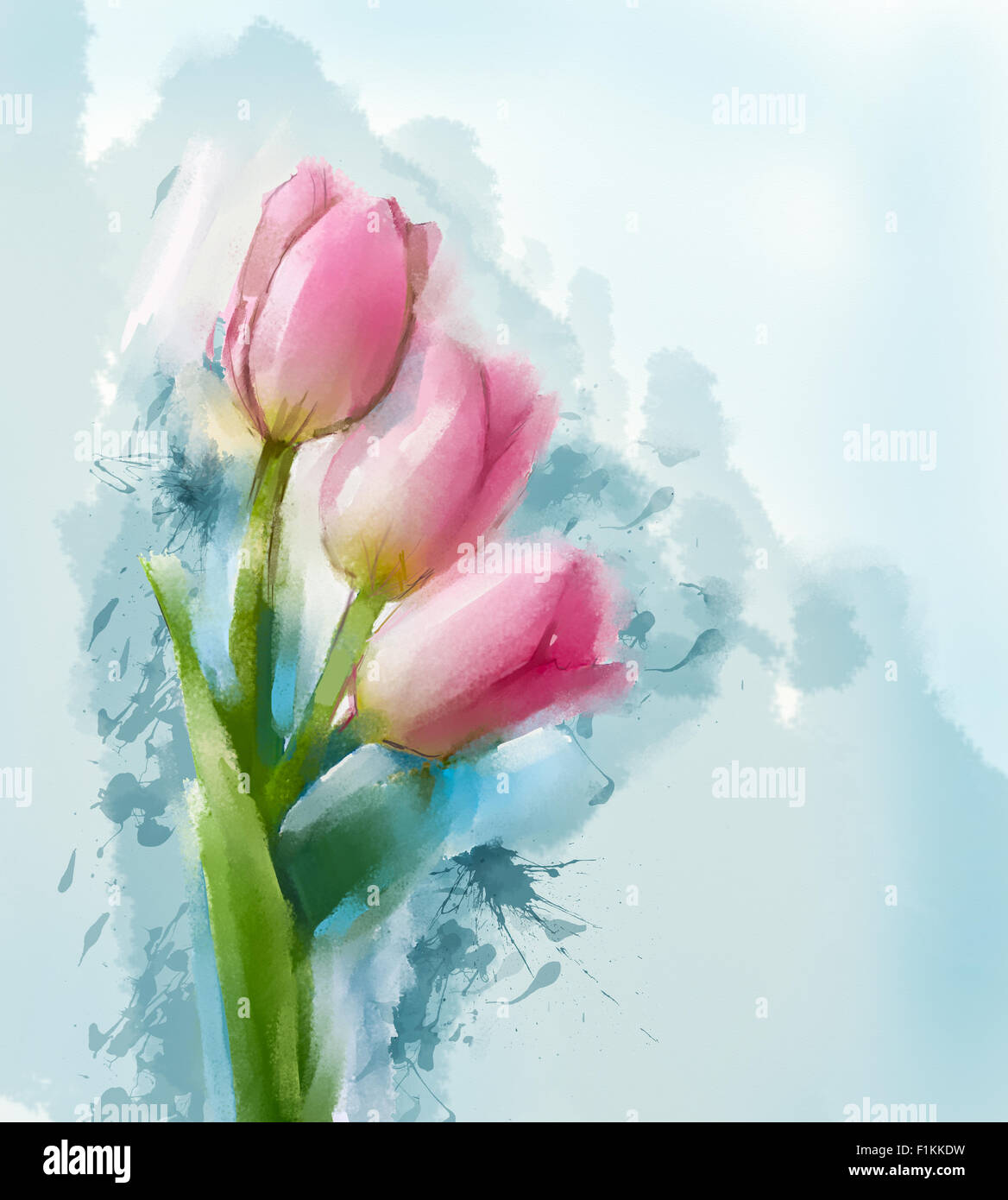 Peinture fleurs tulipes rouges avec un fond de couleur bleu Banque D'Images