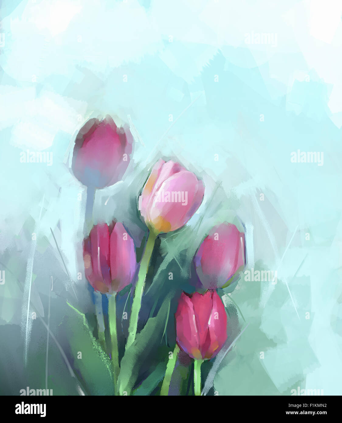 Peinture à l'huile fleurs tulipes- still life red tulip fleur avec feuille verte. Floral peint à la main-d'arrière-plan les fleurs du printemps Banque D'Images