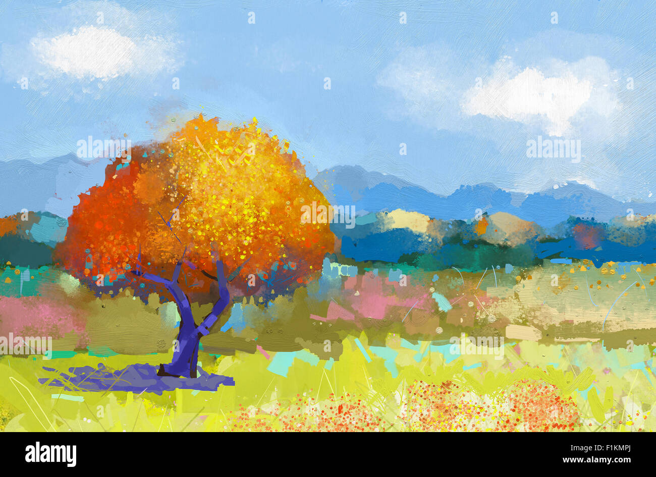 Couleurs de peinture à l'huile paysage rural.peinture main champs de fleurs avec ciel bleu. Saison d'impressionnisme moderne.L'arrière-plan Banque D'Images