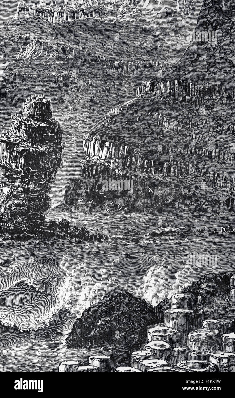 Vue du XIXe siècle de la chaussée des géants, une zone d'environ 40,000 colonnes de basalte hexagonales imbriquées, le résultat d'une ancienne éruption volcanique de la fissure. Il est situé sur la côte de la chaussée dans le comté d'Antrim sur la côte nord de l'Irlande du Nord. Classé au patrimoine mondial de l'UNESCO. Banque D'Images