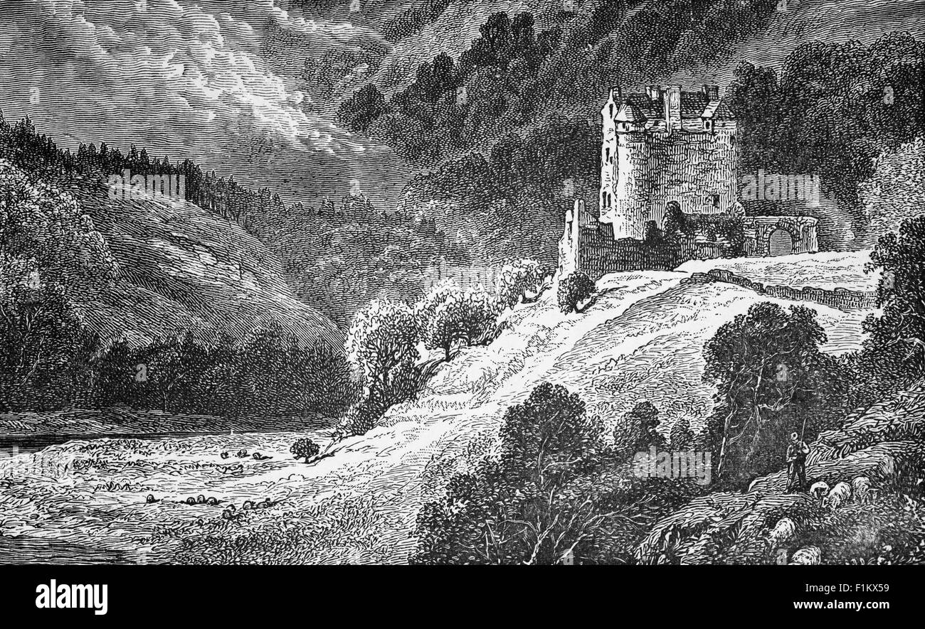 Vue du XIXe siècle d'un berger qui apporte des moutons près du château de Neidpath qui surplombe la rivière Tweed près de Peebles dans les frontières écossaises. Sir William de Haya a probablement construit le château actuel à la fin du XIVe siècle. Lors de l'invasion de l'Écosse par Oliver Cromwell en 1650, Neidpath a été attaqué, des sources suggèrent qu'il a exigé l'assaut le plus long sur n'importe quel bastion au sud du fleuve Forth pour le forcer à se rendre. Banque D'Images