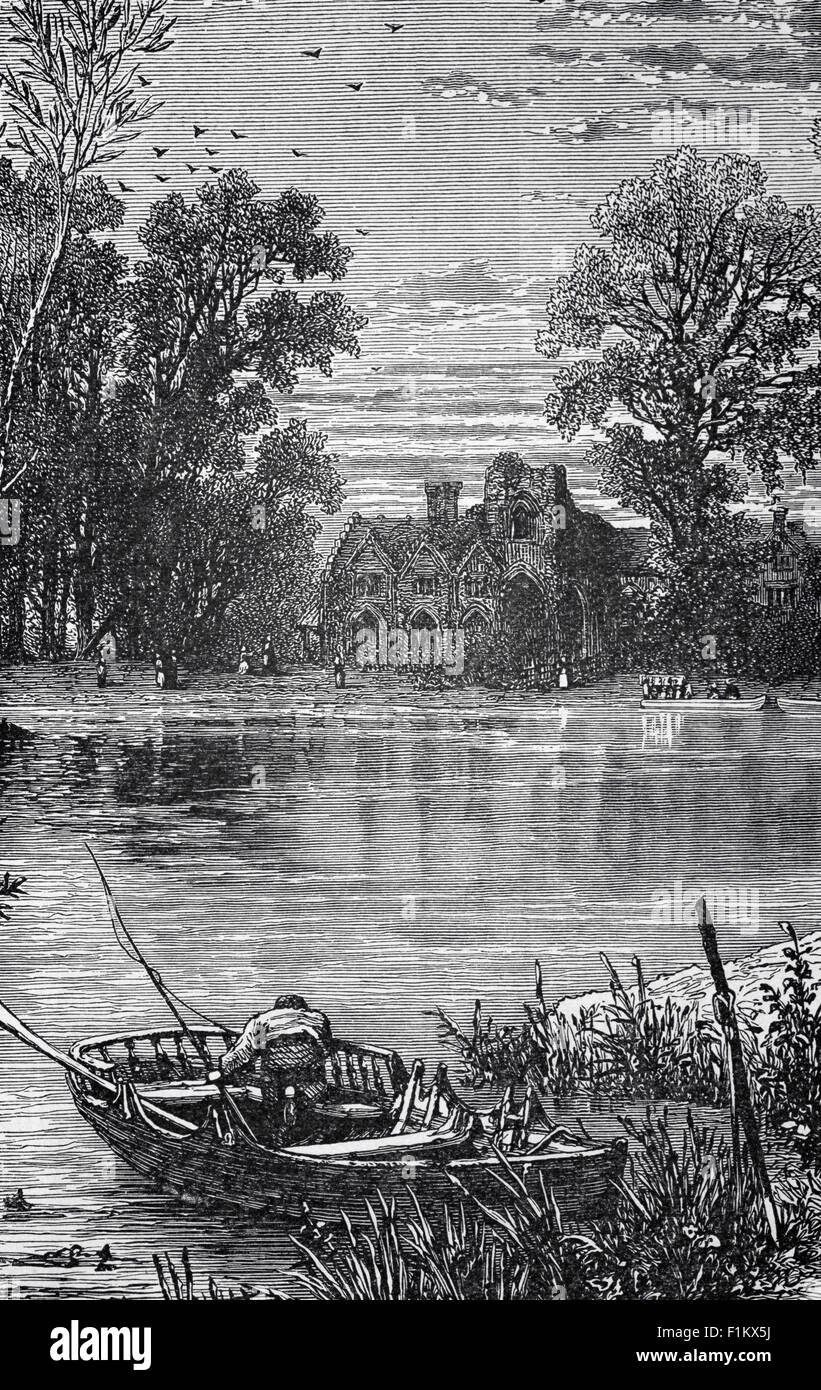 Vue du XIXe siècle de Am Angler sur la Tamise, qui coule à côté de l'abbaye de Medmenham, Buckinghamshire, Angleterre. L'abbaye cistercienne a été fondée au XIIe siècle. En 1547, lors de la dissolution des monastères, l'abbaye fut saisie et donnée à la famille Moore, puis vendue en privé aux Duffield. C'est en possession des Duffchamps que l'abbaye est devenue infâme comme emplacement du club Hellfire. Banque D'Images