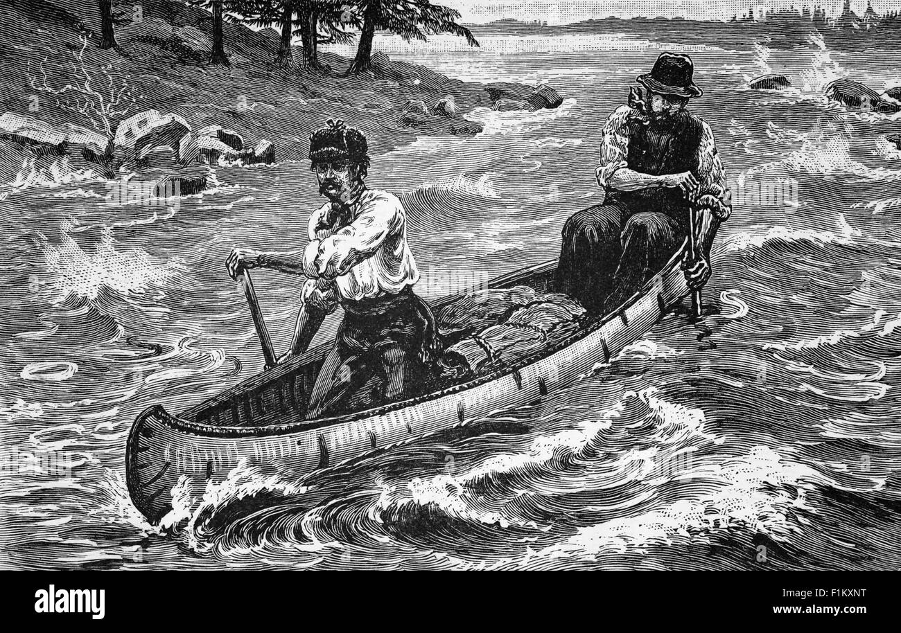 Chasseurs ou trappeurs canadiens du XIXe siècle tirant sur des rapides de rivière en canoë, Banque D'Images