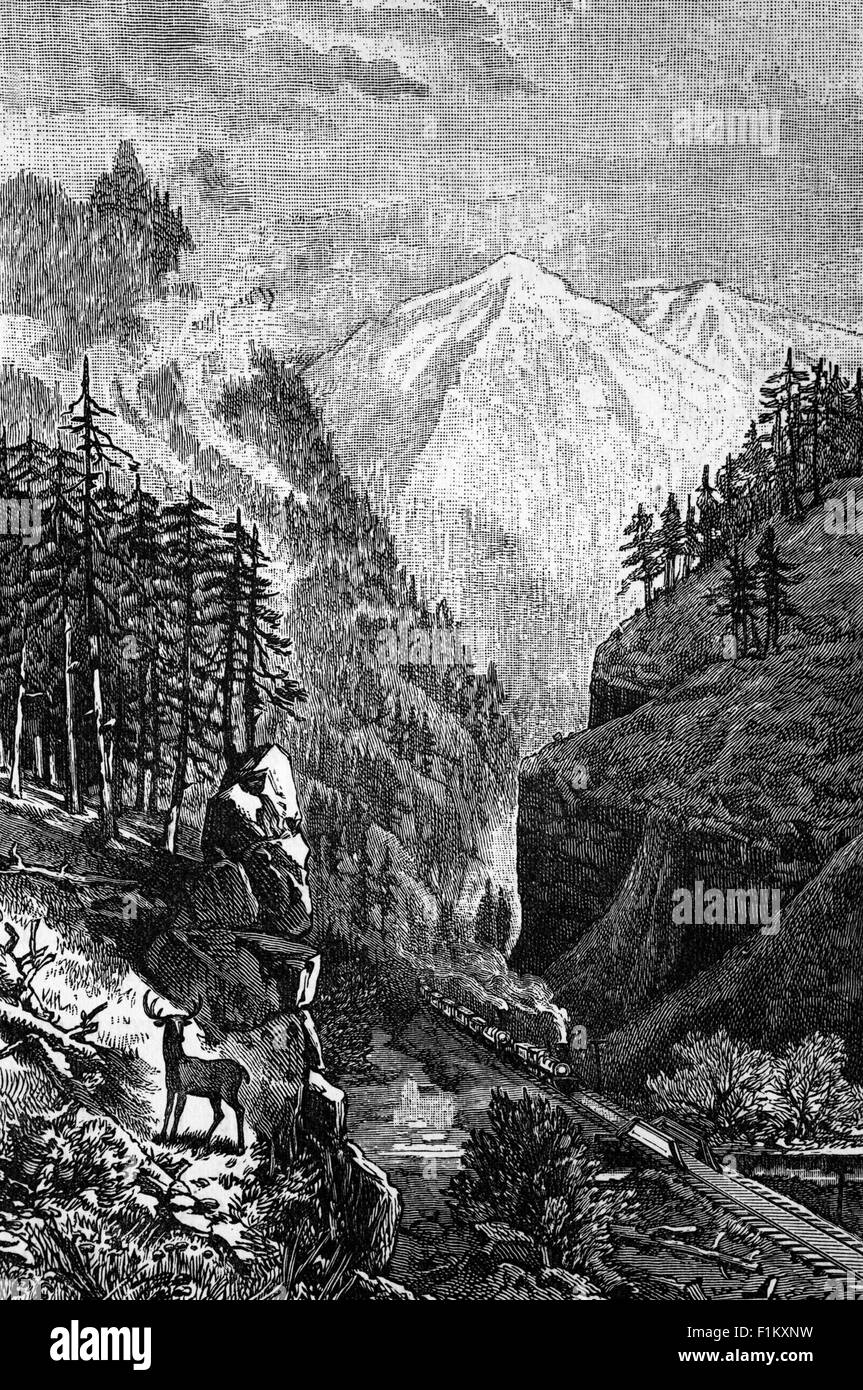Illustration du XIXe siècle du col Kicking Horse, un col de haute montagne traversant la division continentale des Amériques des Rocheuses canadiennes à la frontière entre l'Alberta et la Colombie-Britannique. La route originale du chemin de fer canadien Pacifique, entre le sommet du col près du lac Wapta et de Field, était connue sous le nom de « Big Hill »; avec un gradient dominant de 4.5 p. 100 (1 sur 23), c'était la partie la plus abrupte du chemin de fer de la ligne principale en Amérique du Nord. Banque D'Images