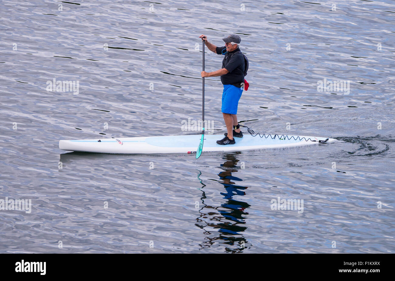 L'homme sa pagaie stand up paddle board près de Hope Island Marine State Park, Puget Sound, dans l'État de Washington. USA Banque D'Images