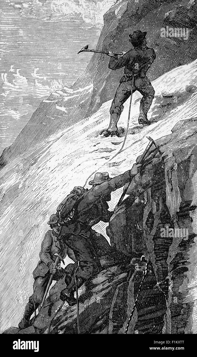 Grimpeurs alpins du XIXe siècle dans les Alpes, en Suisse Banque D'Images