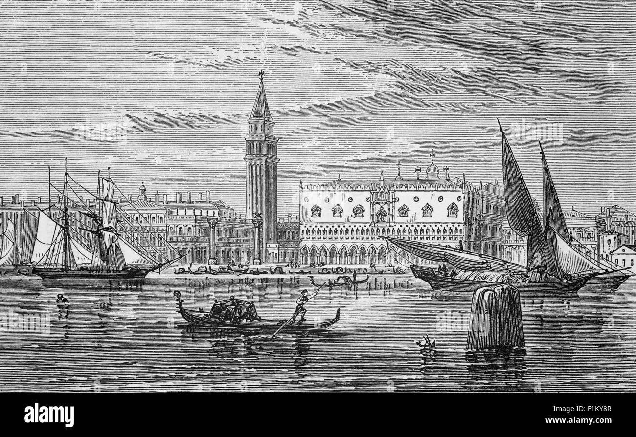 Vue du XIXe siècle de la cathédrale patriarcale de la basilique Saint-Marc, communément connue sous le nom de basilique Saint-Marc et palais des Doges, Venise, Italie Banque D'Images