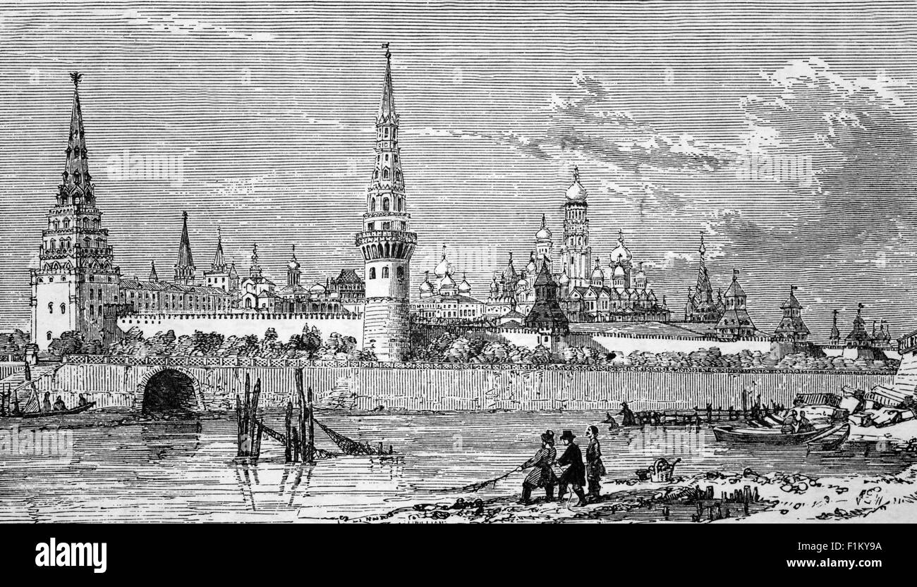 Vue du XIXe siècle sur le Kremlin (construit de 1482 à 1495), complexe fortifié au centre de Moscou, surplombant la rivière Moskva au sud, la cathédrale Saint-Basile et la place Rouge à l'est. Il comprend cinq palais, quatre cathédrales et le mur du Kremlin qui abrite les tours du Kremlin. En outre, dans ce complexe se trouve le Palais du Grand Kremlin qui était autrefois la résidence du tsar à Moscou. Banque D'Images