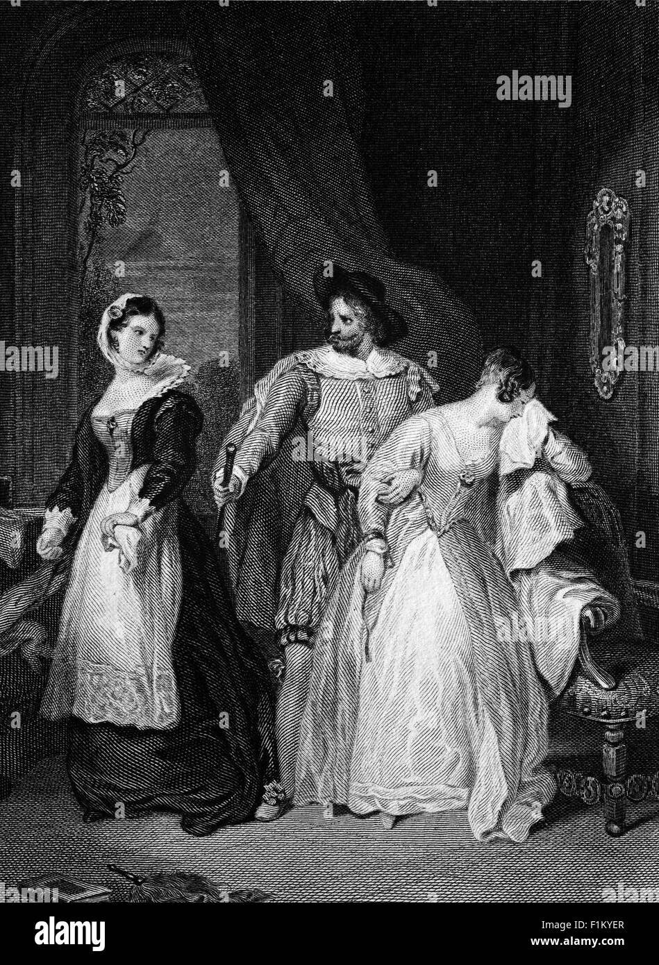 Une illustration de la comédie, « The Taming of the Shrew » de William Shakespeare. La trame principale représente la cour de Petruchio et de Katherina, la tête forte, la merde obdurate. Au début, Katherina est contre la relation; cependant, Petruchio la met en cause avec divers tourments psychologiques, comme l'empêcher de manger et de boire, jusqu'à ce qu'elle devienne une épouse désirable, conforme, et obéissant. La trame comporte une compétition entre les suiteurs de Bianca, qui est considérée comme la femme 'idéale'. La question de savoir si le jeu est misogyne fait l'objet de controverses considérables. Banque D'Images