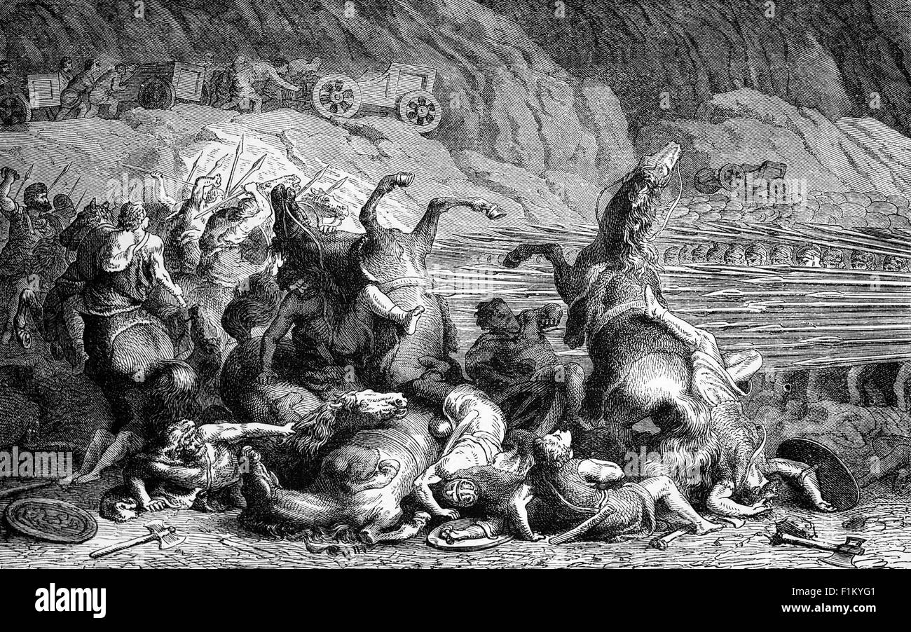 Le Spartan Phlanx combat les Thraces Pelfastes, une sorte d'infanterie légère, originaire de Thrace et de Paeonia, qui a souvent servi de skirmisateurs dans les armées helléniques et hellénistiques. 4e siècle av. J.-C. Banque D'Images