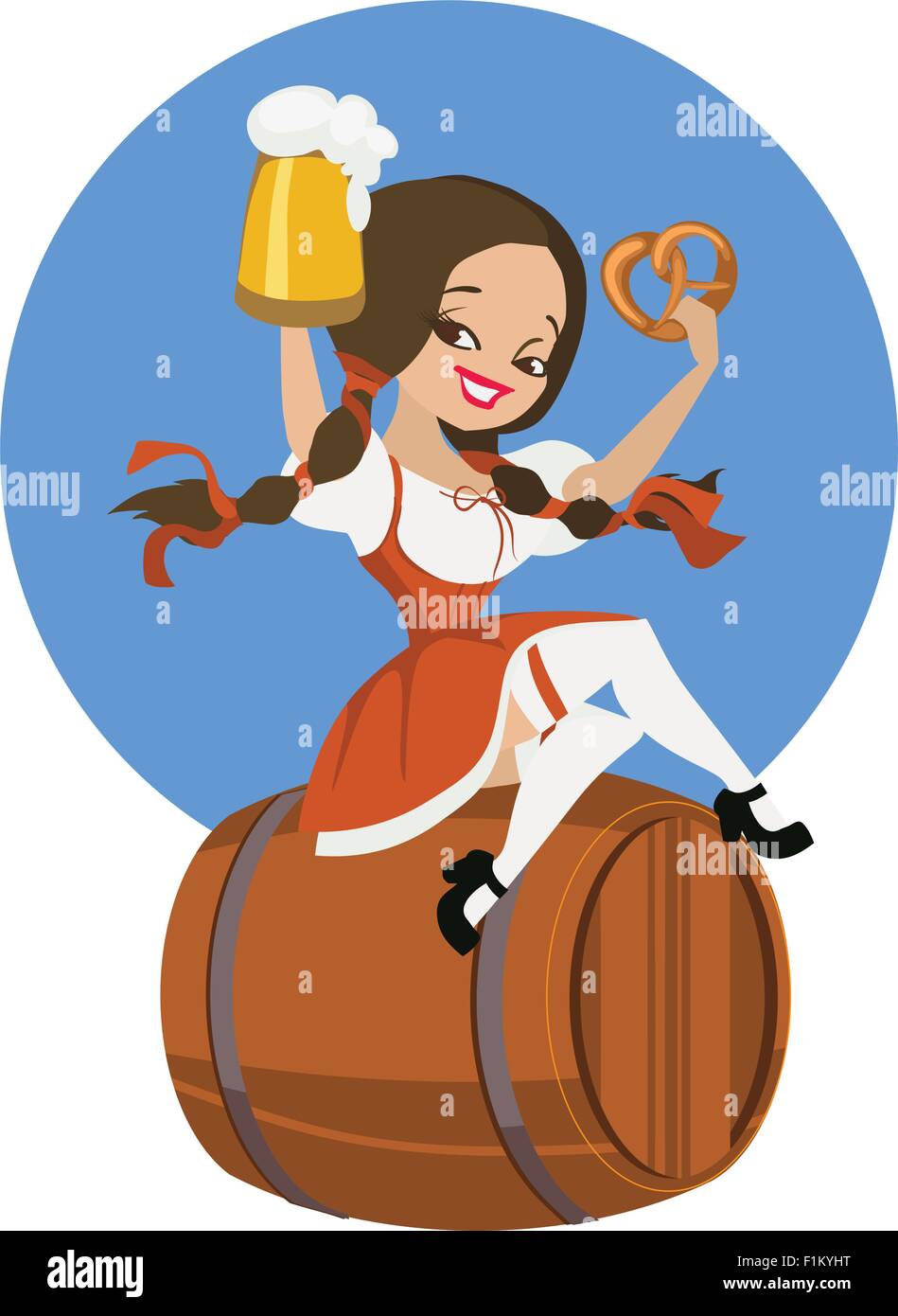 Fille de la bière en fût et sur dirndl bretzel pinup Illustration de Vecteur