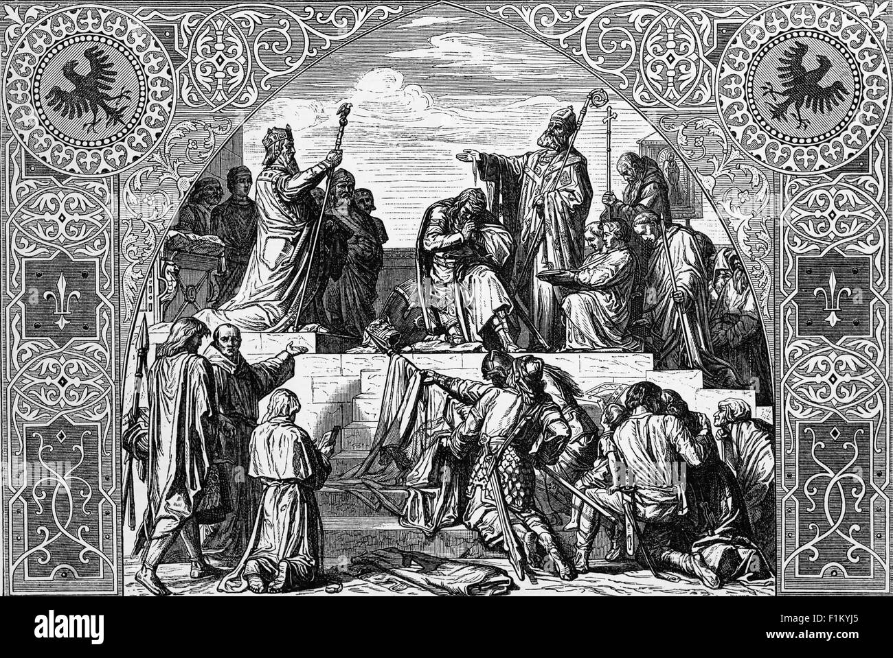Le chef de Saxon Widukind, chef des Saxons qui se rend au roi Charlemagne en 785 après J.-C. Selon la légende, Widukind a vécu une vision qui a conduit à sa conversion au christianisme après qu'il ait été capturé. Il a été interrogé et avoué espionner le camp de Charlemagne dans le but de mieux connaître la foi chrétienne. Il a plus tard avoué la vision divine qu'il avait vue. L'empereur a conclu que Dieu avait donné à Widukind la grâce de voir l'enfant divin, Jésus, derrière l'Armée sacrée de la messe. Widukind a ensuite renoncé à son culte des idoles païennes. Banque D'Images