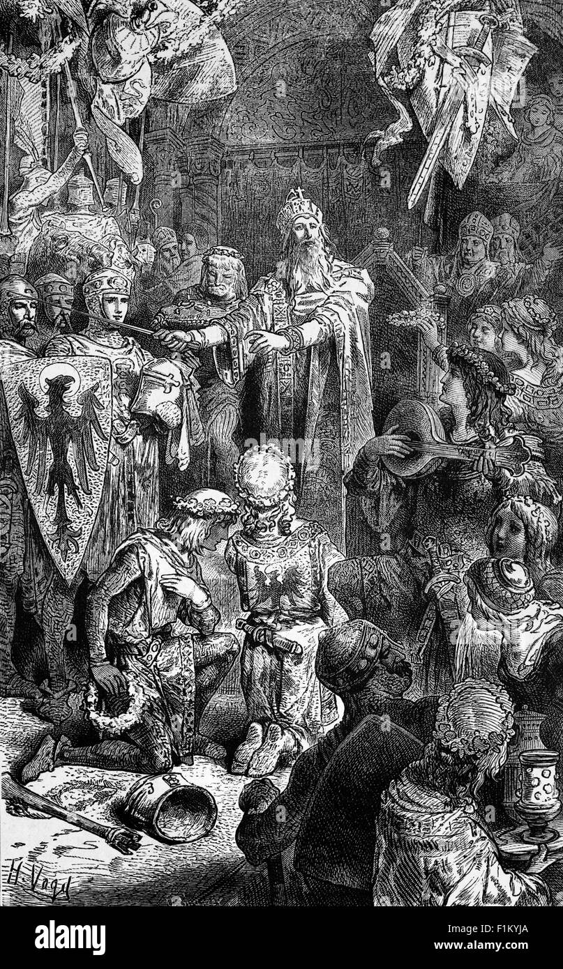 La Cour de Mayence (aujourd'hui Mayence) de Frederick Barbarossa (1122–1190) alias Frederick I, fut le Saint empereur romain de 1155 jusqu'à sa mort 35 ans plus tard. Il a été élu roi d'Allemagne à Francfort le 4 mars 1152, roi d'Italie le 24 avril 1155 à Pavie et empereur par le Pape Adrian IV le 18 juin 1155. Plus tard, il a été officiellement couronné roi de Bourgogne, en 1178. Il a été nommé Barbarossa 'la 'barbe ded' par les villes du nord de l'Italie. Banque D'Images