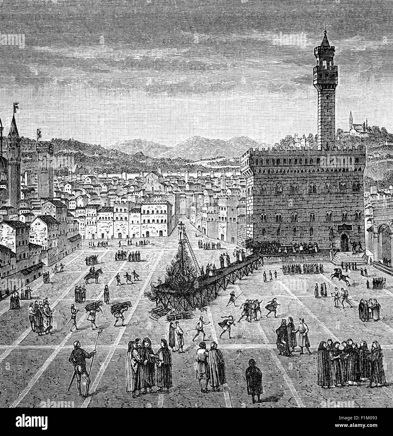Le martyre de Girolamo Savonarola (1452-1498), un frère et prédicateur italien dominicain actif à la Renaissance de Florence. Il était connu pour ses prophéties de gloire civique, la destruction de l'art et de la culture séculiers, et ses appels au renouveau chrétien. Il a également dénoncé la corruption cléricale, le règne despotique et l'exploitation des pauvres qui ont conduit au pape l'excommunié en mai 1497. Savonarola et deux de ses frères de soutien ont été emprisonnés. Le 23 mai 1498, l'Église et les autorités civiles ont condamné, pendu et brûlé les trois frères sur la place principale de Florence, en Italie Banque D'Images