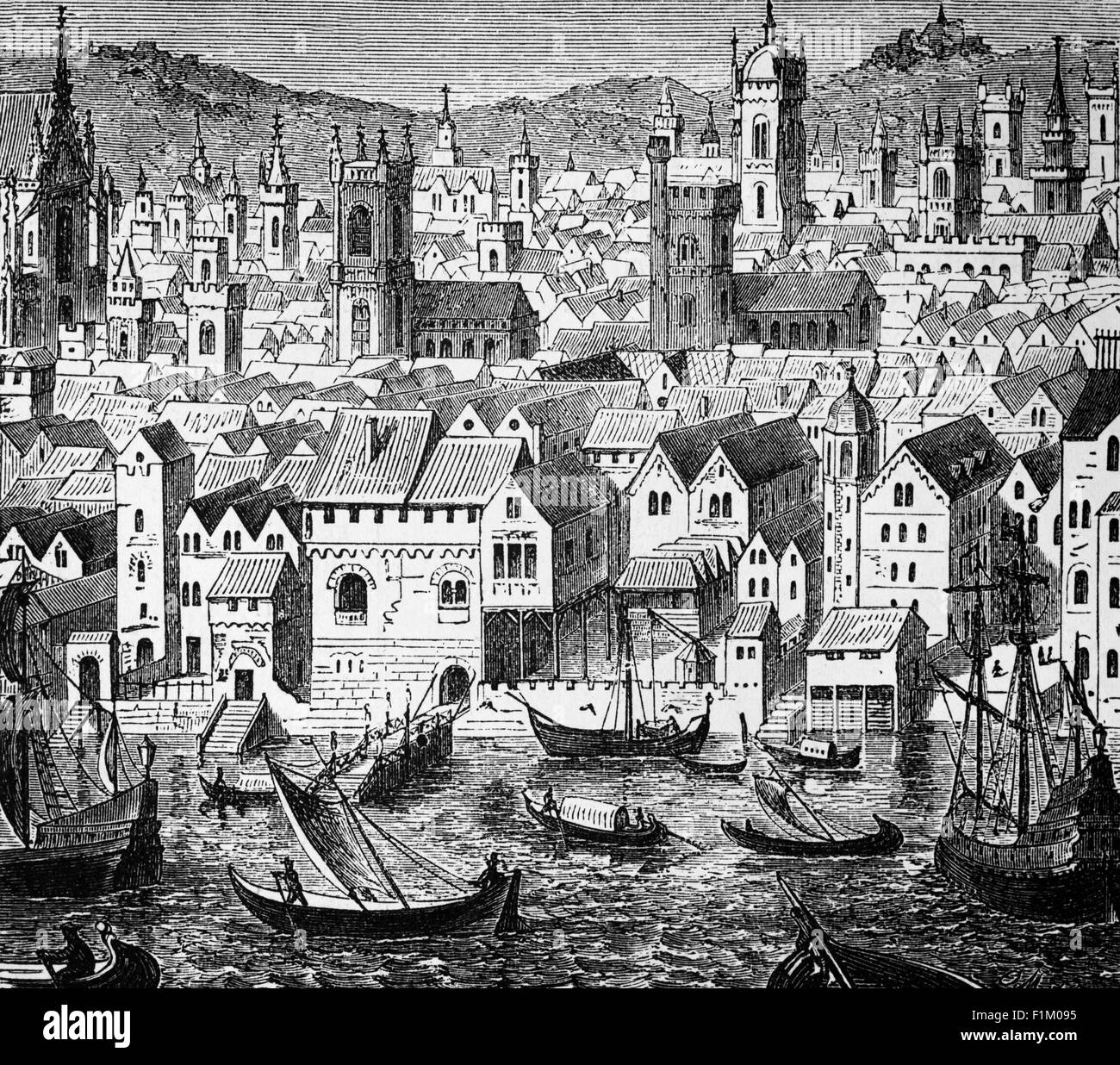 Le dépôt des marchands dans le chantier naval de Londres, en Angleterre, ils appartenaient à la Hanseatic League, une confédération commerciale et défensive de guildes marchands et de villes de marché dans le nord-ouest et l'Europe centrale. La ligue, qui a grandi dans quelques villes du nord de l'Allemagne à la fin des années 1100s, est arrivée à dominer le commerce maritime de la Baltique pendant trois siècles le long des côtes de l'Europe du nord. Les territoires de Hansa s'étendaient de la Baltique à la mer du Nord et à l'intérieur des terres à la fin du Moyen-âge, et diminuaient lentement après 1450. Banque D'Images