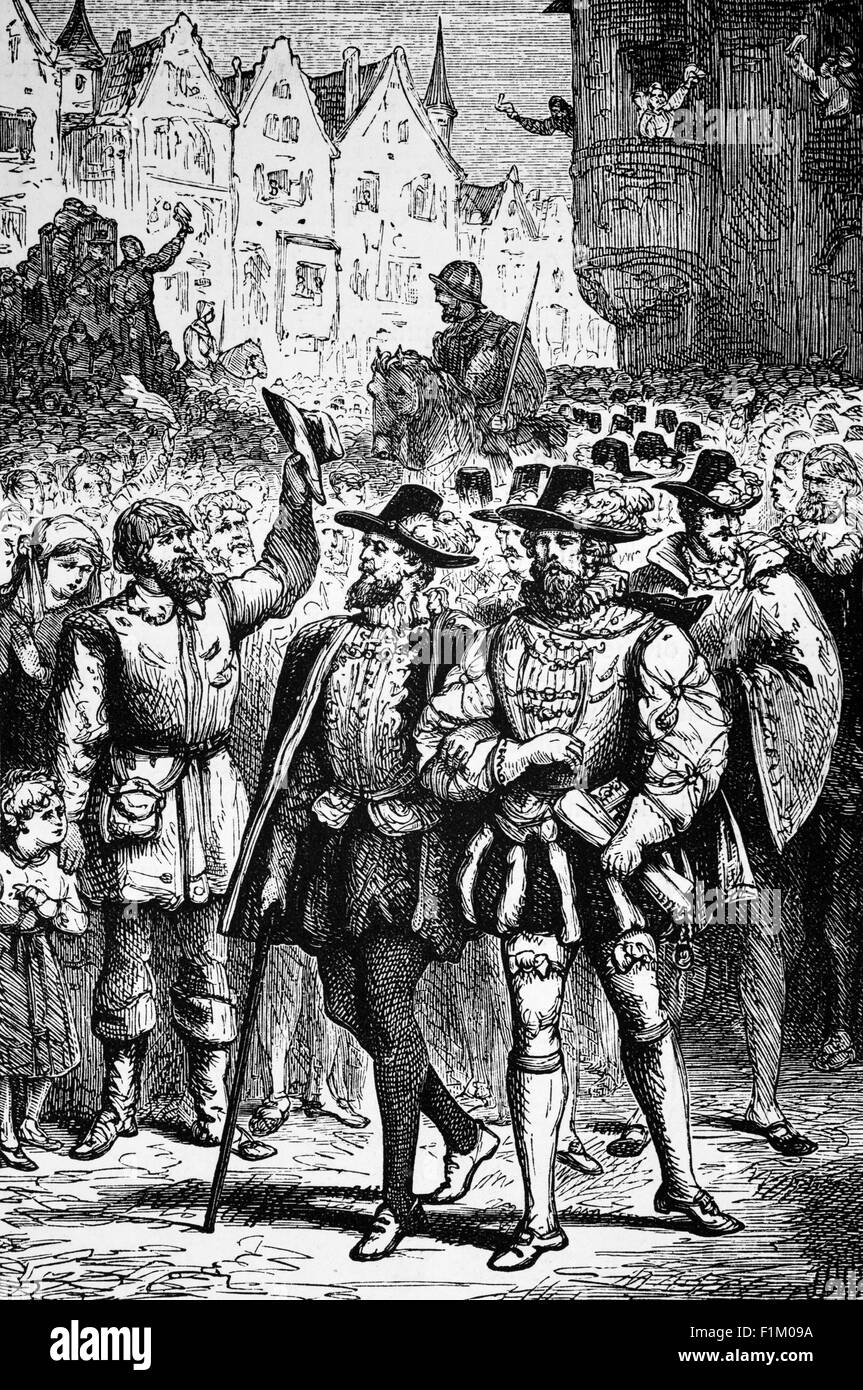 Une procession de petits nobles des pays-Bas, menant la résistance à l'Inquisition en novembre 1565. L'Inquisition aux pays-Bas était une extension de l'Inquisition papale aux pays-Bas, établie sous le règne de Charles V. bien qu'il ait été largement cru à l'époque que le gouvernement avait l'intention d'introduire l'Inquisition espagnole aux pays-Bas, c'était un produit de la propagande protestante. L'Inquisition aux pays-Bas est restée séparée de celle de l'Espagne. Banque D'Images