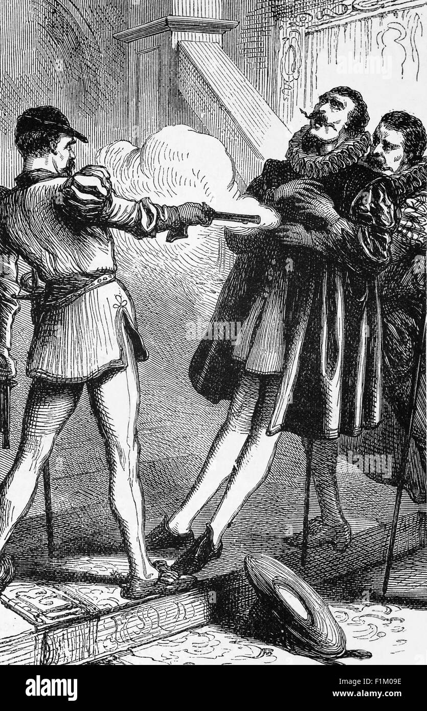 Le meurtre de Guillaume I d'Orange à Delft, juillet 1584 par Balthasar Gérard. William, principal chef de la révolte hollandaise contre les Habsbourg espagnols qui ont déclenché la guerre des quatre-vingt ans, a été abattu deux fois avec une paire de pistolets. Gérard, grand admirateur de Philippe II, roi d'Espagne et des pays-Bas, qui a offert une récompense de 25,000 couronnes à quiconque a tué William, a ensuite été jugé, condamné et exécuté avec un peu de grume. Banque D'Images