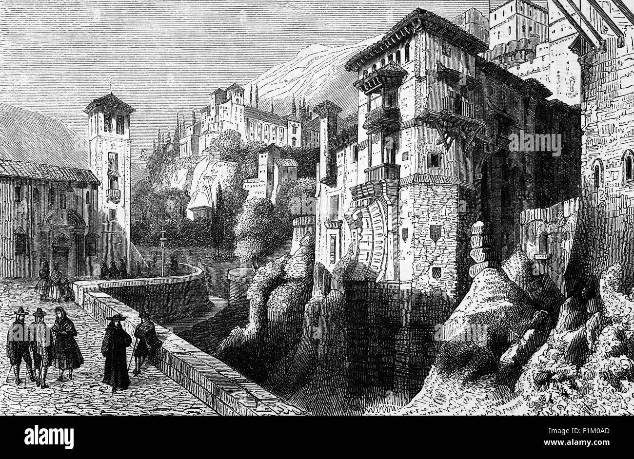 Une vue du XVIe siècle de Grenade au-dessous de l'Alhambra, la citadelle arabe et le palais. La capitale de la province de Grenade, en Andalousie, Espagne, Grenade est située au pied des montagnes de la Sierra Nevada, au confluent de quatre rivières, le Darro, le Genil, le Monachil et le Beiro. Banque D'Images
