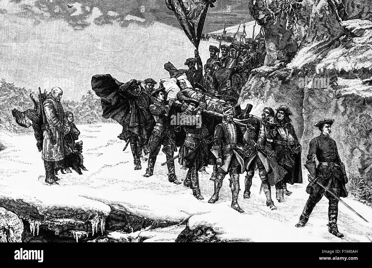 Les troupes ramenant le corps de Charles XII de Suède après qu'il a envahi la Norvège et mis le siège à la forteresse de Fredriksten surplombant la ville de Fredrikshald en 1718. Charles a été tué par balle dans la tête pendant le siège, alors qu'il inspectait des tranchées, probablement assassinées par un compatriote. Banque D'Images