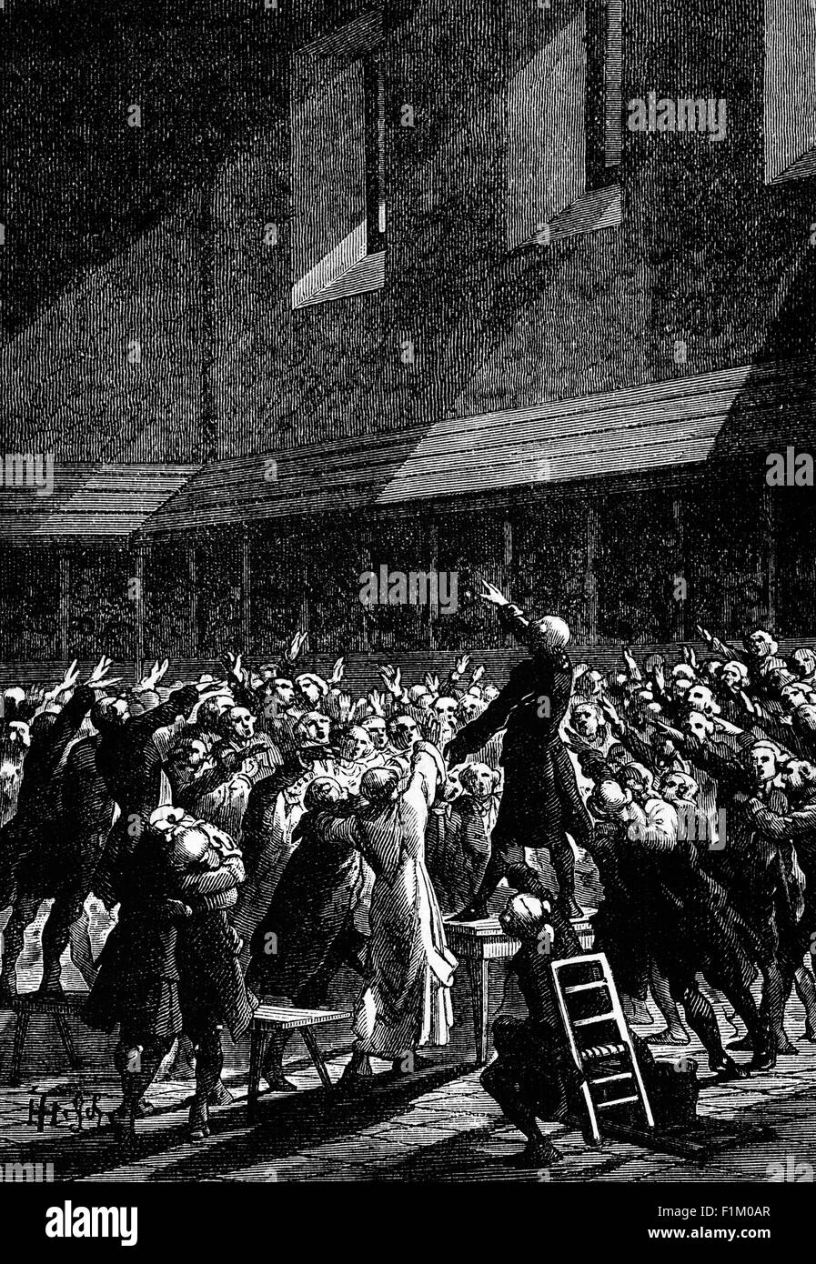 Le 20 juin 1789, les membres de la États généraux pour le Tiers Etat, qui avaient commencé à s'appeler l'Assemblée nationale, a pris le court de tennis serment jurant 'ne pas séparer, et pour remonter partout où les circonstances l'exigent, jusqu'à ce que la constitution du royaume soit établie." dirigée par le comte de Mirabeau, c'était un événement pivot dans les premiers jours de la Révolution française. Banque D'Images