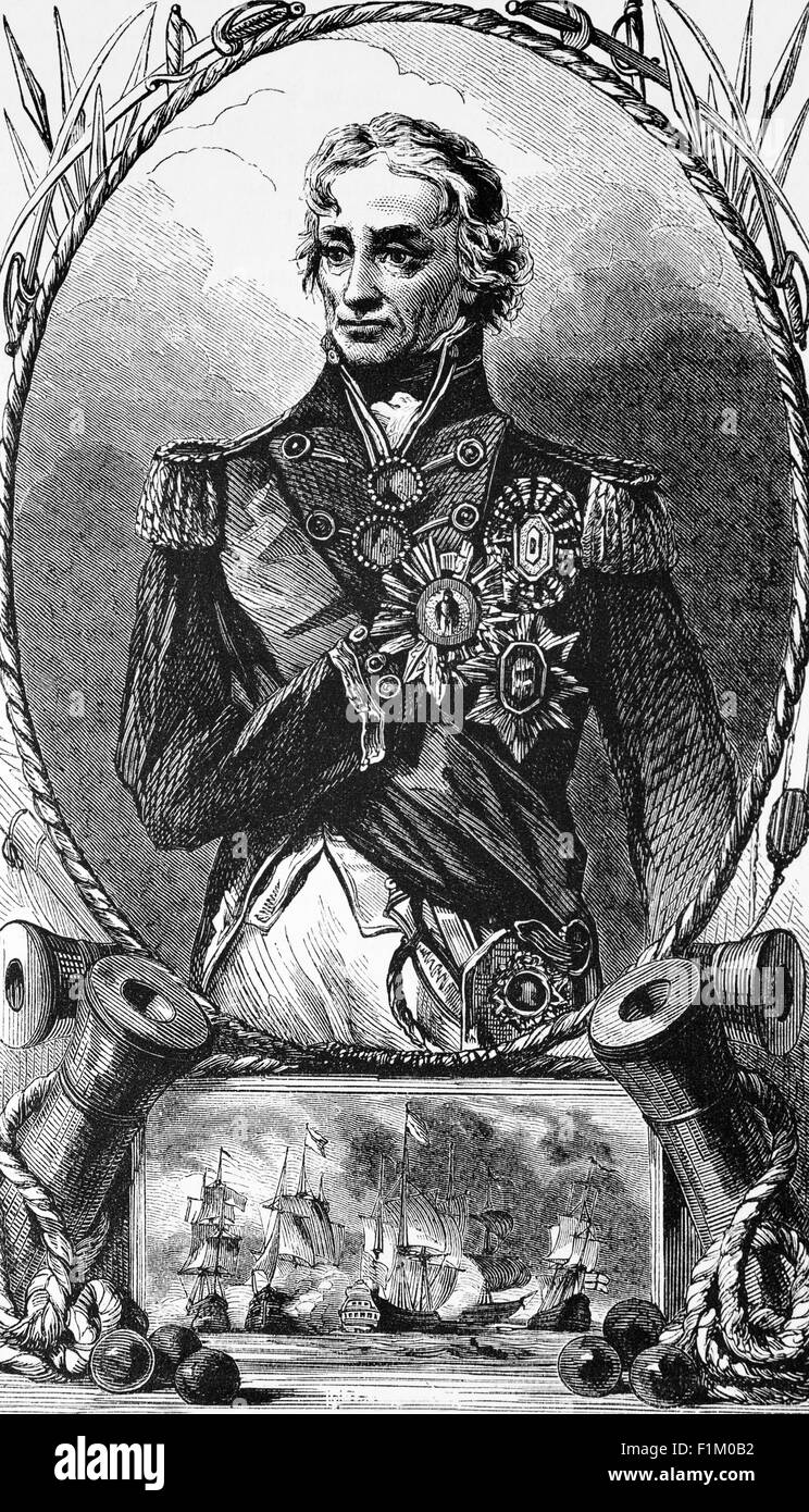 Un portrait du héros naval d'Angleterre, le Vice-amiral Horatio Nelson, 1er vicomte Nelson, 1er duc de Bronté, (1758-1805), également connu simplement sous le nom d'amiral Nelson, officier du drapeau britannique dans la Marine royale. Son leadership inspirant, sa stratégie et ses tactiques non conventionnelles ont permis de remporter un certain nombre de victoires navales britanniques décisives, en particulier pendant les guerres napoléoniennes. Il a été mortellement tiré lors de sa victoire à la bataille de Trafalgar en 1805. Banque D'Images