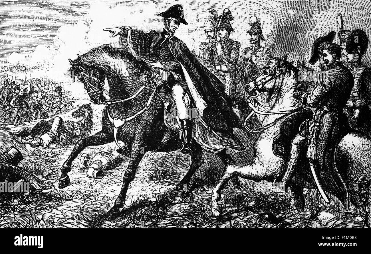 Duc de Wellington alias le duc de fer (1769-1852) dirigeant des manouvres pendant la bataille de Waterloo contre Napoléon Bonaparte (1769-1821). Lutté le dimanche 18 juin 1815, près de Waterloo en Belgique, l'armée française fut vaincue par deux des armées de la septième Coalition, une coalition menée par les Britanniques composée d'unités de Grande-Bretagne, des pays-Bas, de Hanovre, de Brunswick et de Nassau, Sous le commandement du duc de Wellington et d'une armée prussienne sous le commandement du maréchal von Blücher. La bataille a marqué la fin des guerres napoléoniennes. Banque D'Images