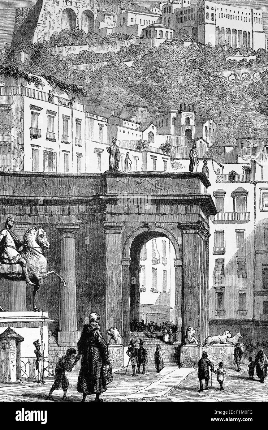 Le château de san't Elmo est une forteresse médiévale située sur la colline de Vomero, à côté de la Certosa di San Martino, surplombant Naples, en Italie. C'était probablement une résidence fortifiée, entourée de murs, sa porte d'entrée marquée par deux tourelles. En 1329, à l'aide de dessins de l'architecte sienois Tino da Camaino, le roi Robert de Naples agrandit la forteresse. Banque D'Images