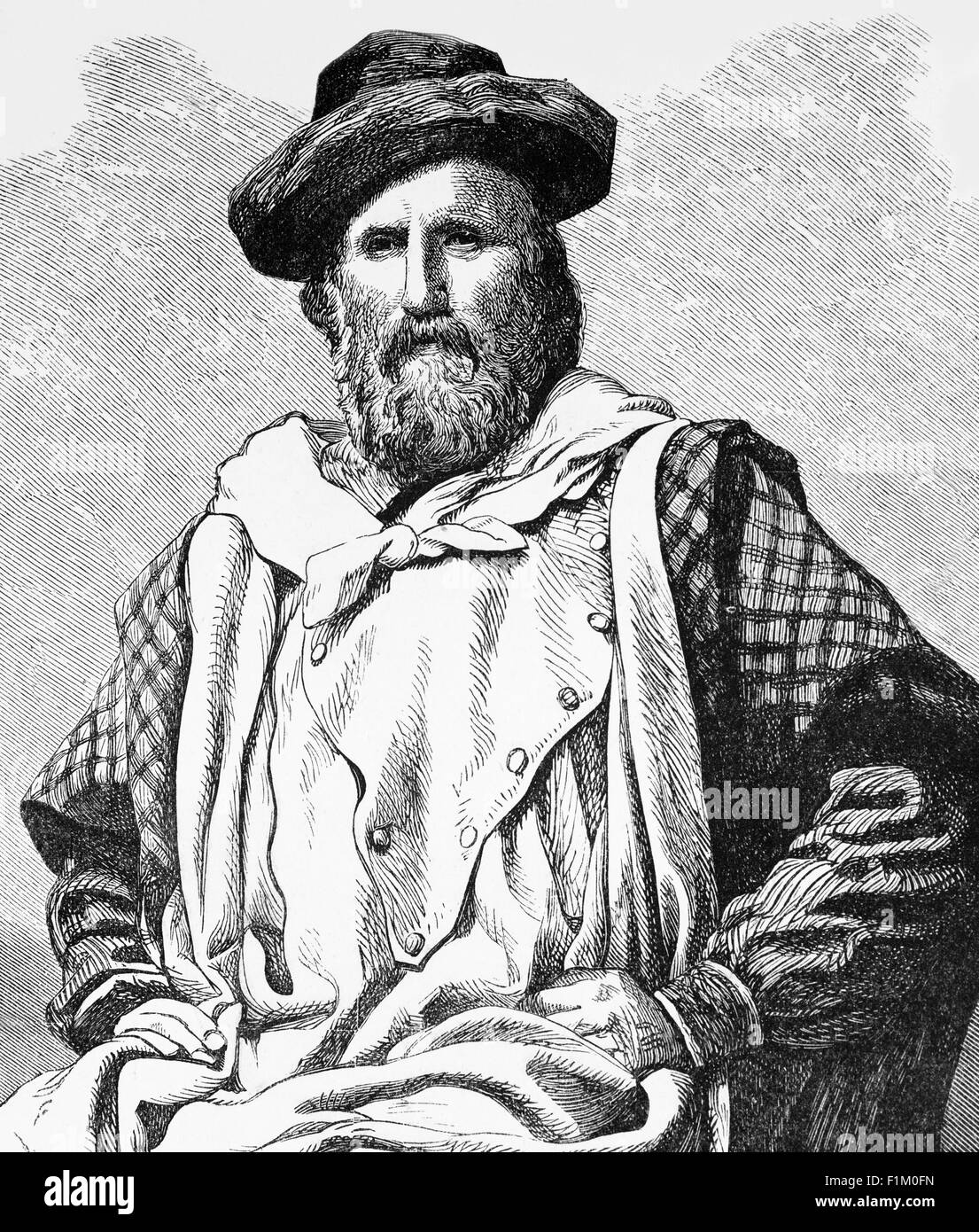 Portrait de Giuseppe Garibaldi (1807-1882), général italien, homme politique et patriote considéré comme l'un des plus grands généraux de l'époque moderne. Connu comme l'un des « pères de la patrie » de l'Italie, il est devenu un partisan de l'unification italienne sous un gouvernement républicain démocratique, mais après avoir participé à un soulèvement dans le Piémont, il a été condamné à mort. Il s'est échappé en naviguant vers l'Amérique du Sud et a passé 14 ans en exil. En 1848, il est retourné en Italie et a commandé et combattu dans des campagnes militaires qui ont finalement conduit à l'unification italienne. Banque D'Images