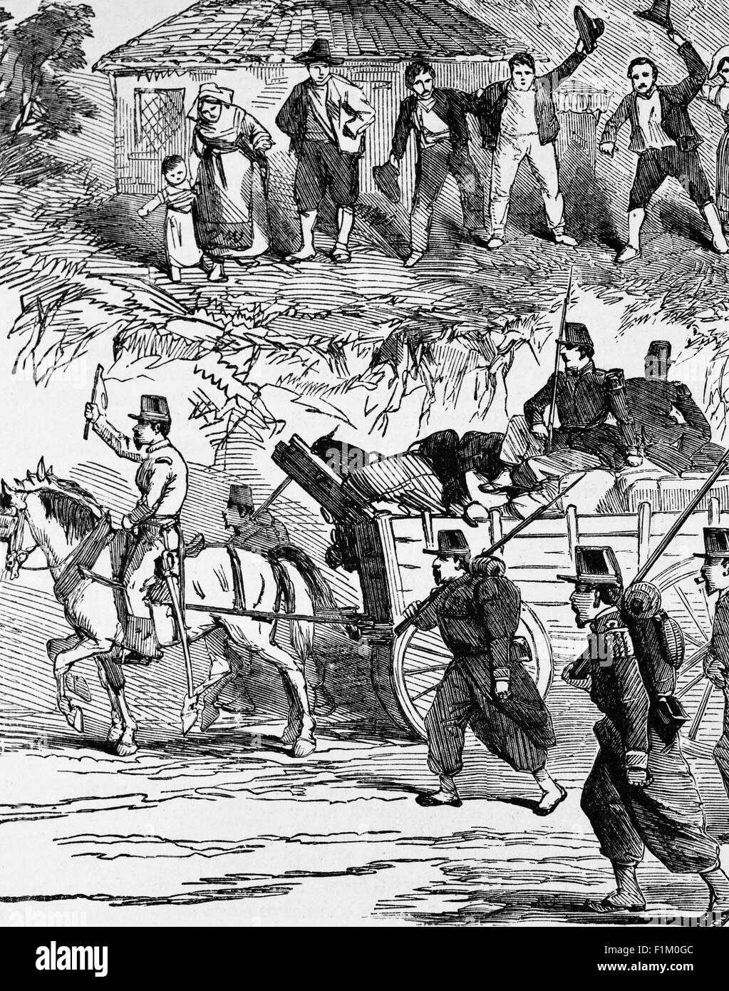 Des habitants de campagne italiens accueillent des soldats français après la bataille de Solferino en Italie le 24 juin 1859. La bataille a abouti à la victoire de l'armée française alliée sous Napoléon III et de l'armée Piemont-sarde sous Victor Emmanuel II contre l'armée autrichienne sous l'empereur Franz Joseph I. le Royaume d'Italie a été proclamé en 1861 quand le roi Victor Emmanuel II de Sardaigne a été proclamé roi d'Italie – jusqu’en 1946, lorsque le mécontentement civil conduisit à un référendum institutionnel visant à abandonner la monarchie et à former la République italienne moderne. Banque D'Images