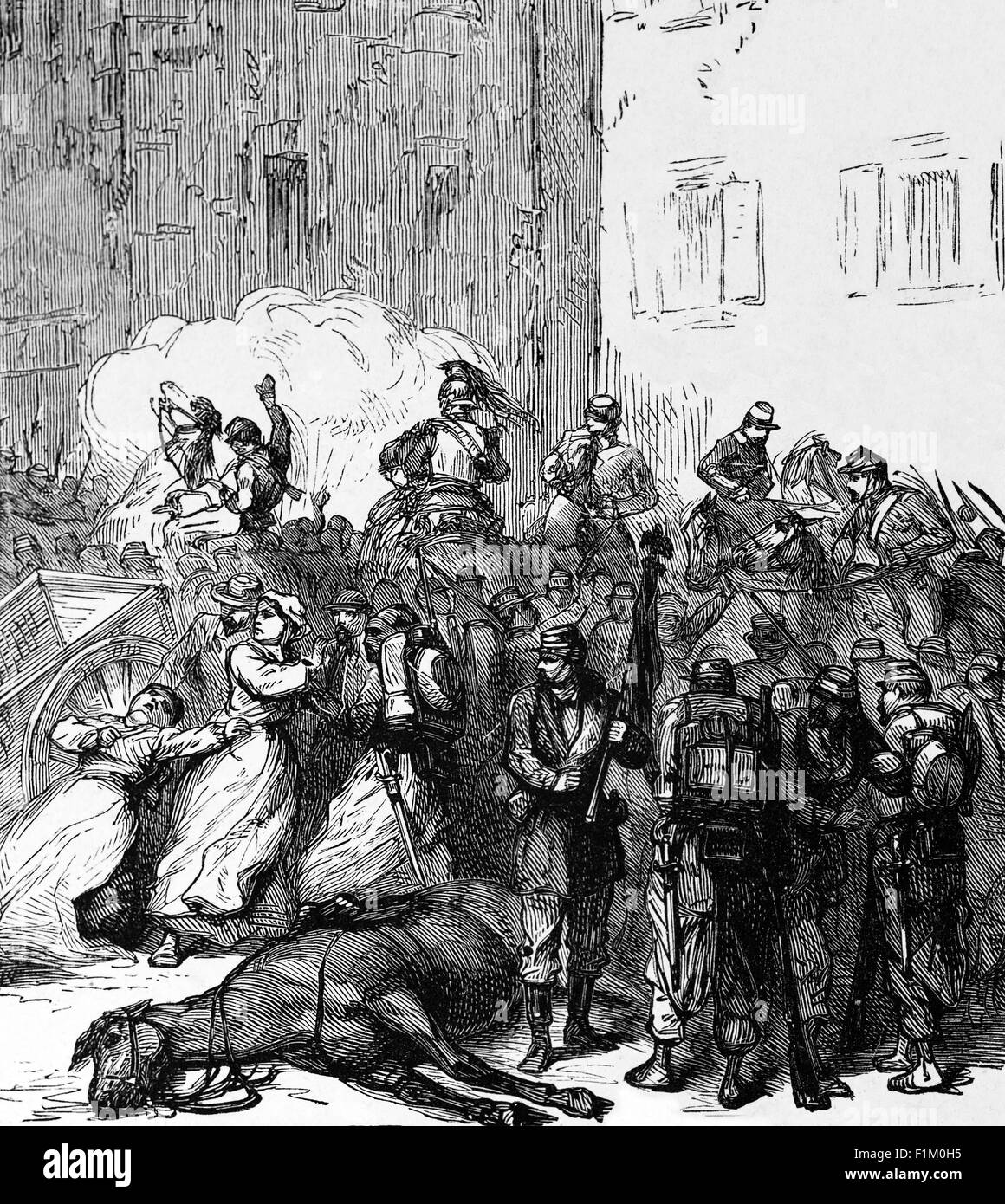 Victimes de la guerre, une rue de Strasbourg bombardée pendant la guerre franco-prussienne de 1870-1871. Un conflit principalement causé par la détermination de la France à rétablir sa position dominante en Europe continentale, qu'elle avait perdue après la victoire écrasante de la Prusse sur l'Autriche en 1866. Banque D'Images