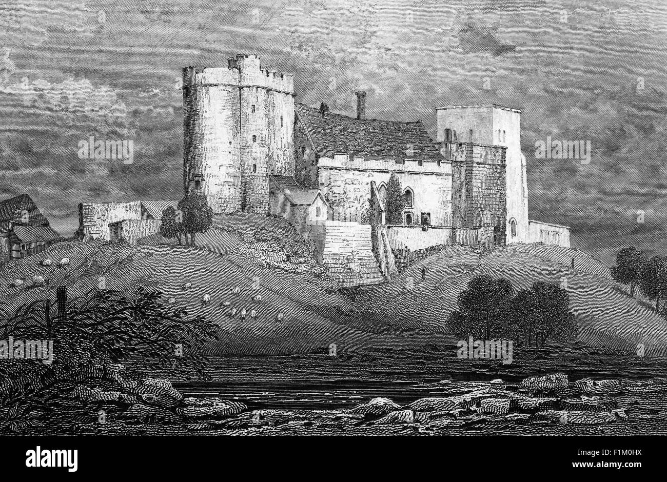 Le château et l'église de Lympne, construits sur le site de Port Lemanis (ou château Stutfall), au-dessus de Romney Marsh, Kent, Angleterre comme il est apparu ca. 1830. Banque D'Images