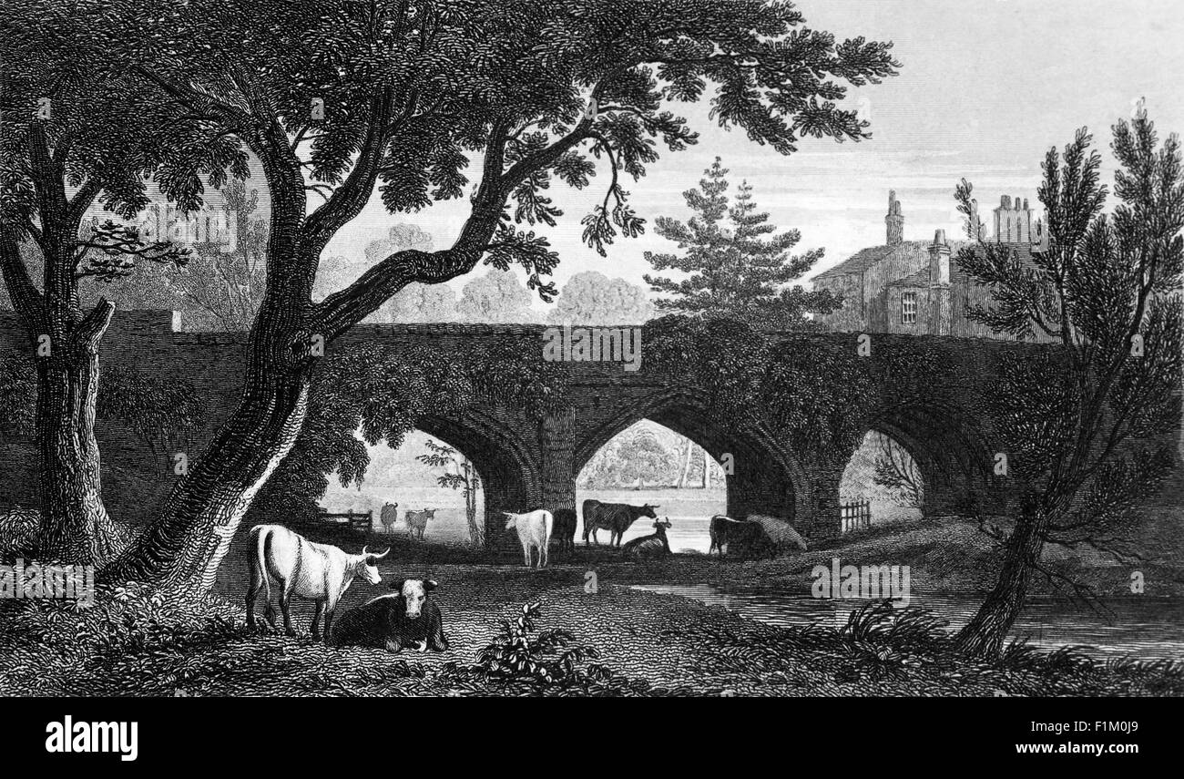 Une vue du début du XIXe siècle du pont du XVe siècle sur le fossé du palais d'Eltham, qui avait été donné à l'origine à Edward II en 1305 par l'évêque de Durham, Anthony Bek, et utilisé comme résidence royale du XIVe au XVIe siècle. Fait maintenant partie de South London, Kent, Angleterre Banque D'Images