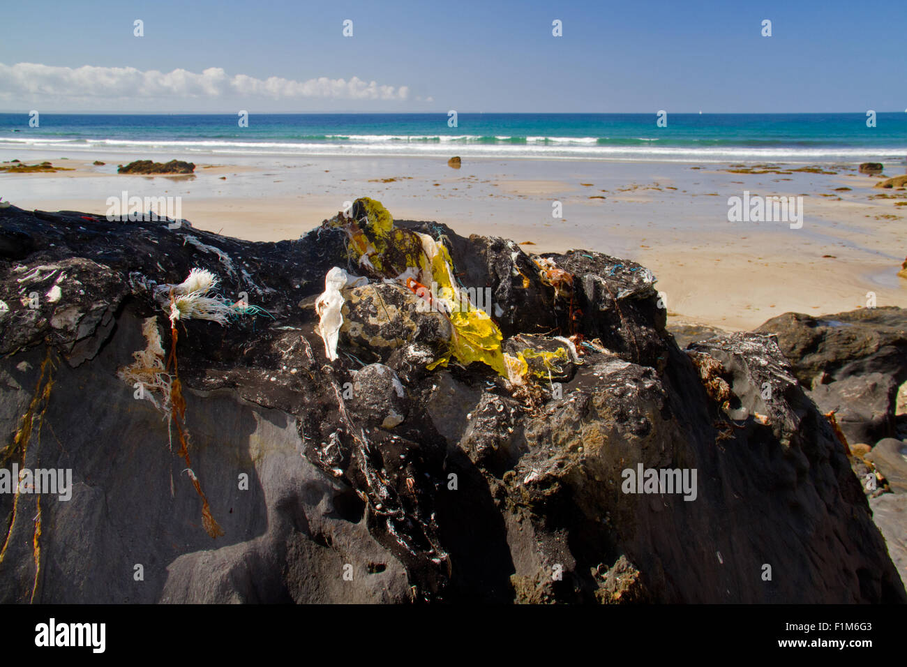 Vestige de la marée noire de l'Amoco Cadiz en 1978 : une croûte d'asphalte sur il rochers sur la côte de Bretagne en France Banque D'Images