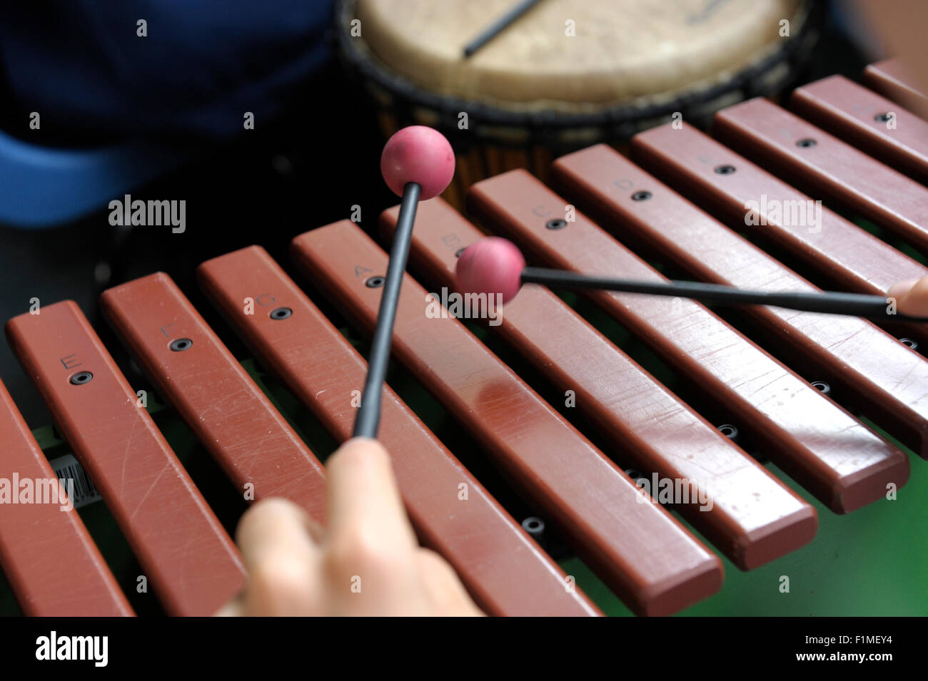 Les mains de l'enfant jouant un xylophone dans un cours de musique Banque D'Images
