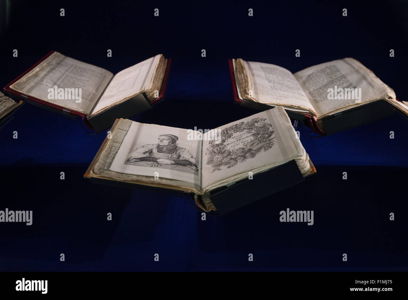 Kassel, Allemagne. 08Th Nov, 2015. Exemplaires de la première édition de la collection contes des frères Grimm avec de nombreuses notes manuscrites sont vus le jour de l'ouverture de la nouvelle exposition "maison Grimmwelt' (lit. Monde Grimm) à Kassel, Allemagne, 04 septembre 2015. Le nouveau musée Grimm ouvre après deux ans de travaux de construction. Photo : Swen Pfoertner/dpa/Alamy Live News Banque D'Images