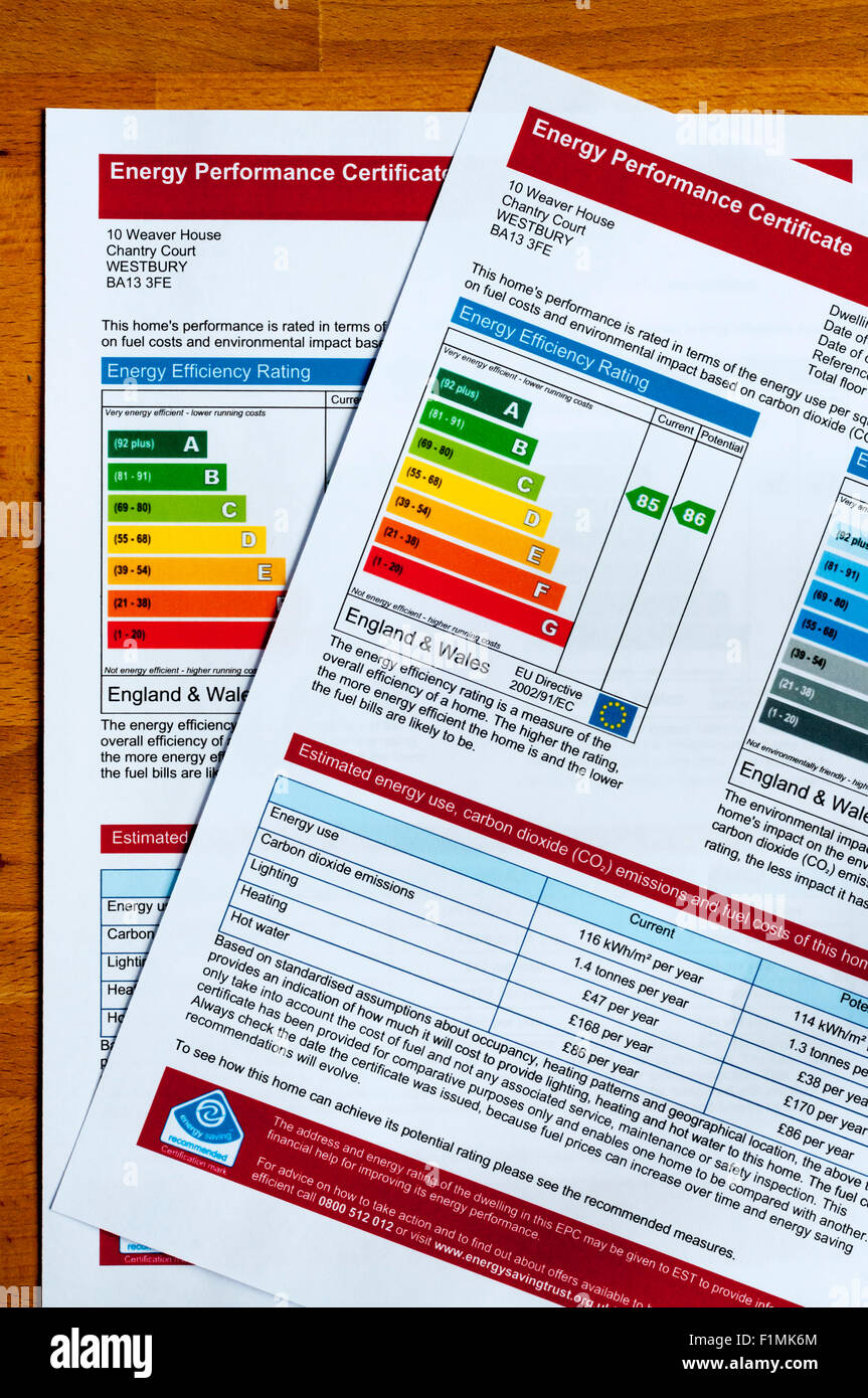 Paire de Certificats de Performance énergétique introduit en 2007 - partie de Home Information Pack ou hanches produits lorsqu'une maison est vendue Banque D'Images