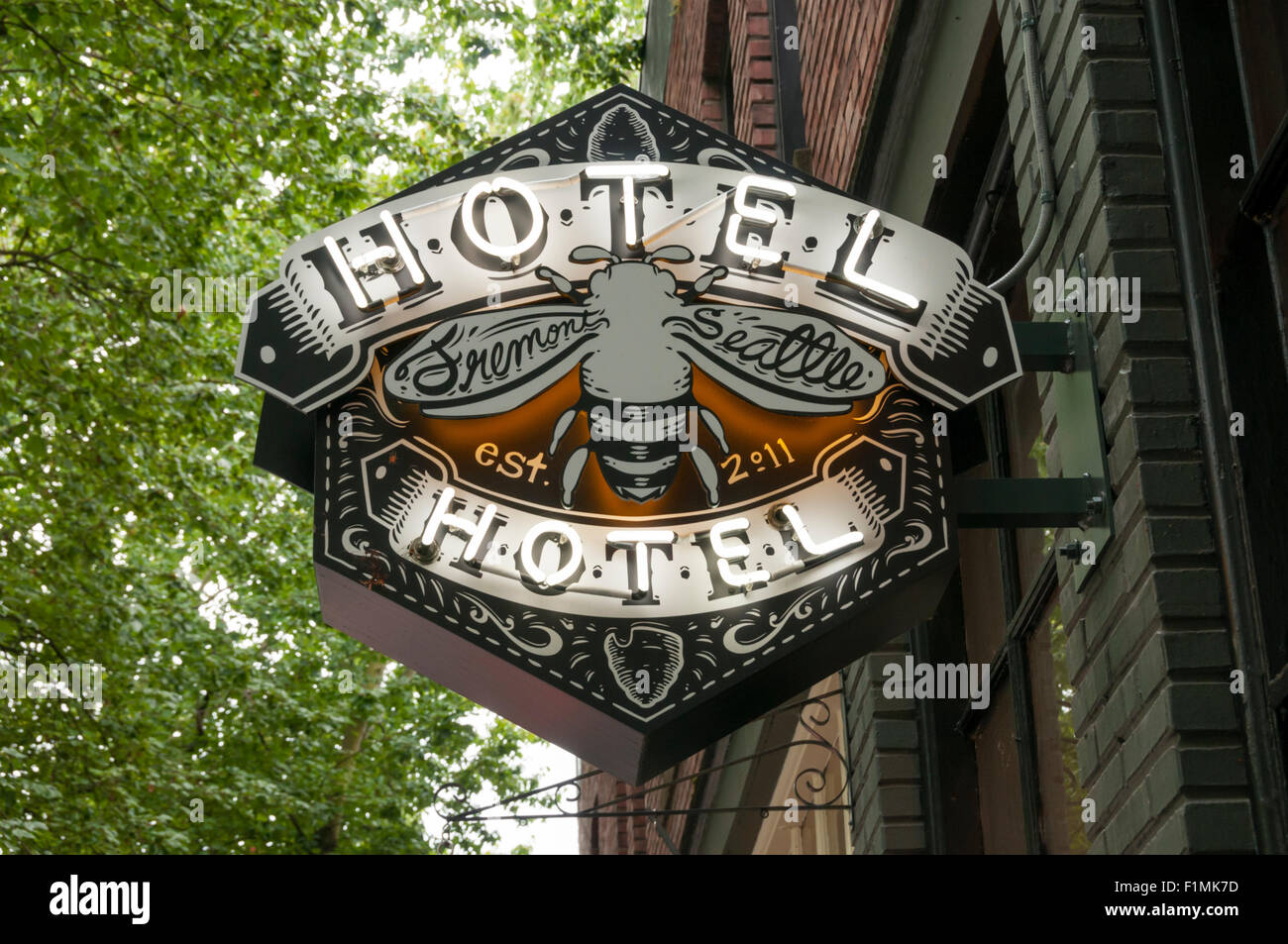 Panneau pour l'hôtel Hôtel Hostel à Fremont, Seattle. Banque D'Images