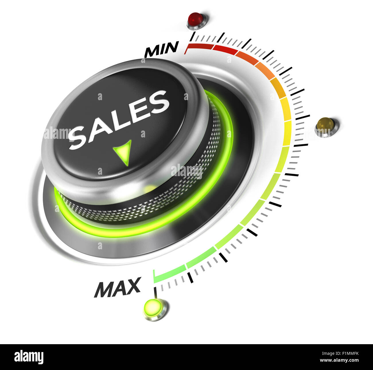 Bouton interrupteur vente positionné sur maximum, fond blanc et bleu. Image conceptuelle pour la stratégie de ventes et de croissance dans Banque D'Images