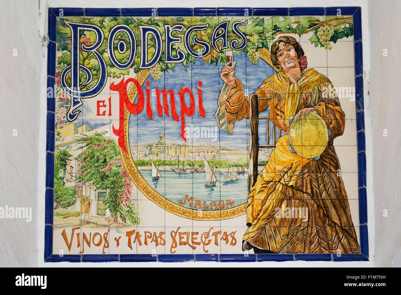 El Pimpi, signe des carreaux peints au bar-restaurant Bodegas El Pimpi, andalousie, Malaga. Espagne. Banque D'Images