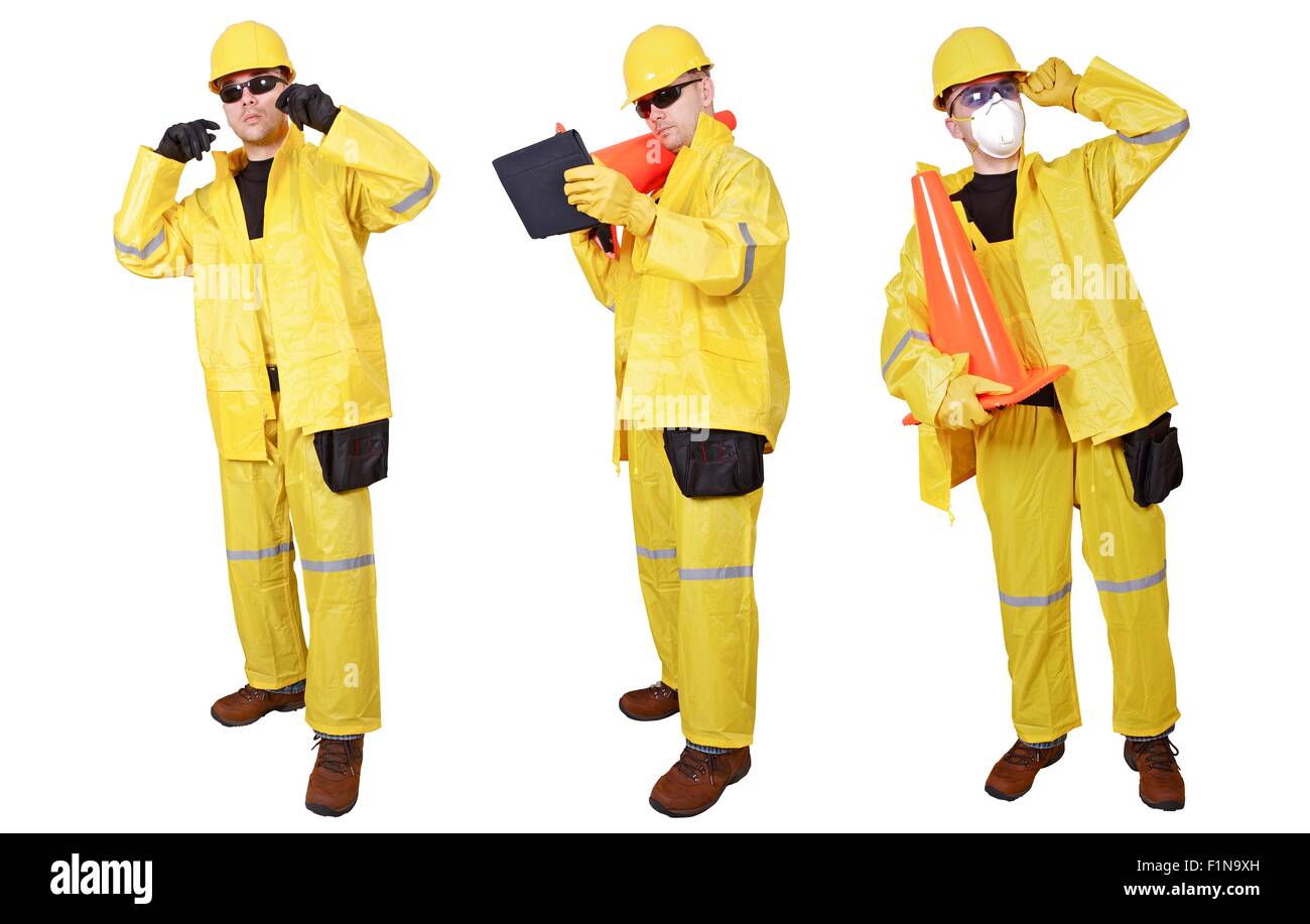 Les entrepreneurs avec cône en jaune Costume Météo dans trois poses différentes. Les entrepreneurs isolé sur fond blanc. Banque D'Images