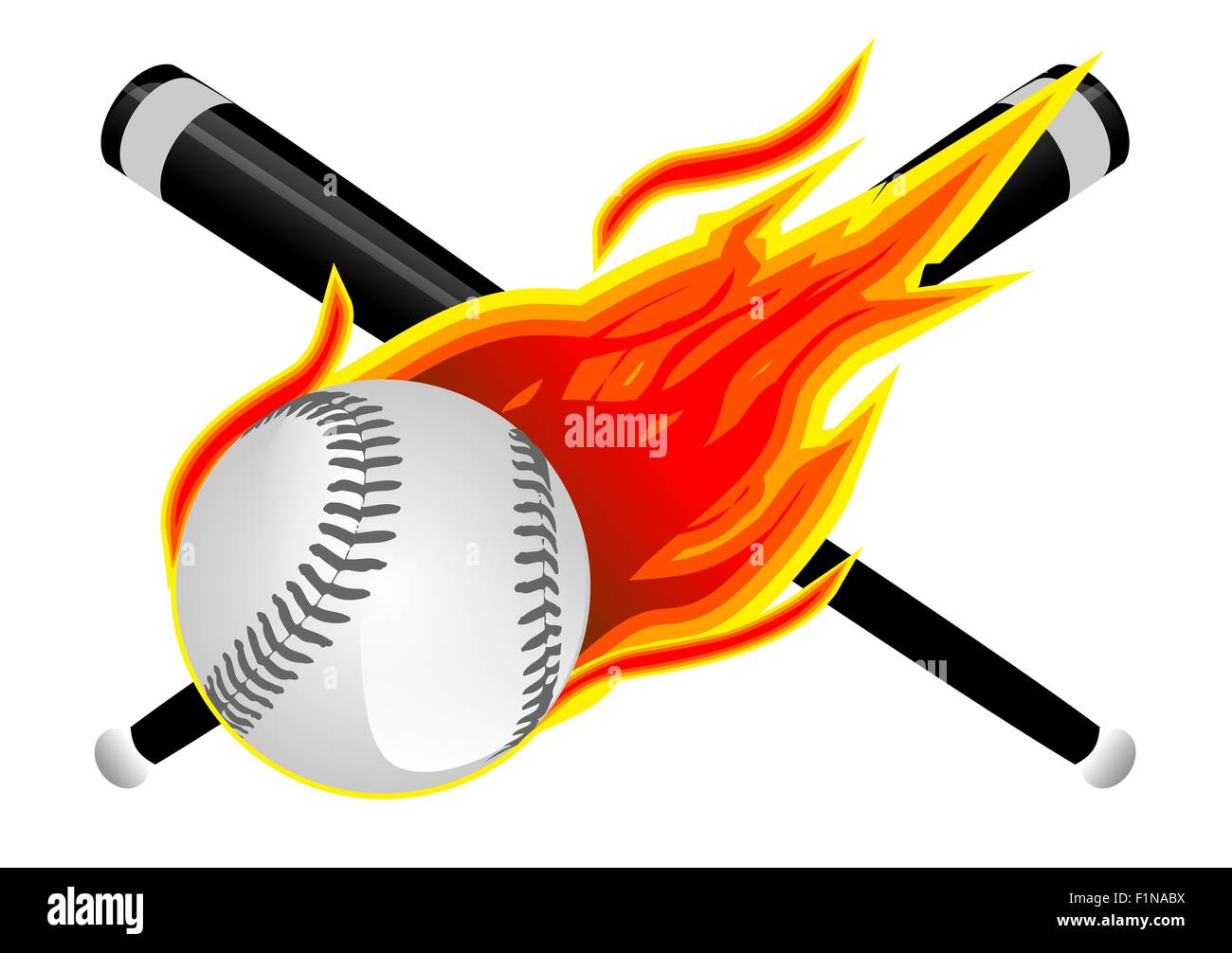 Baseball en flammes. Les bâtons de baseball, softball et flammes illustration isolé sur blanc. Banque D'Images