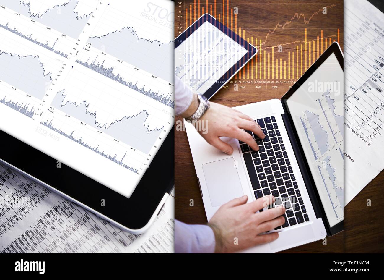 L'analyse boursière - Thème d'affaires photo Mosaïque. Stock de tableaux et de graphiques et le comptable avec un ordinateur portable. World Business Banque D'Images