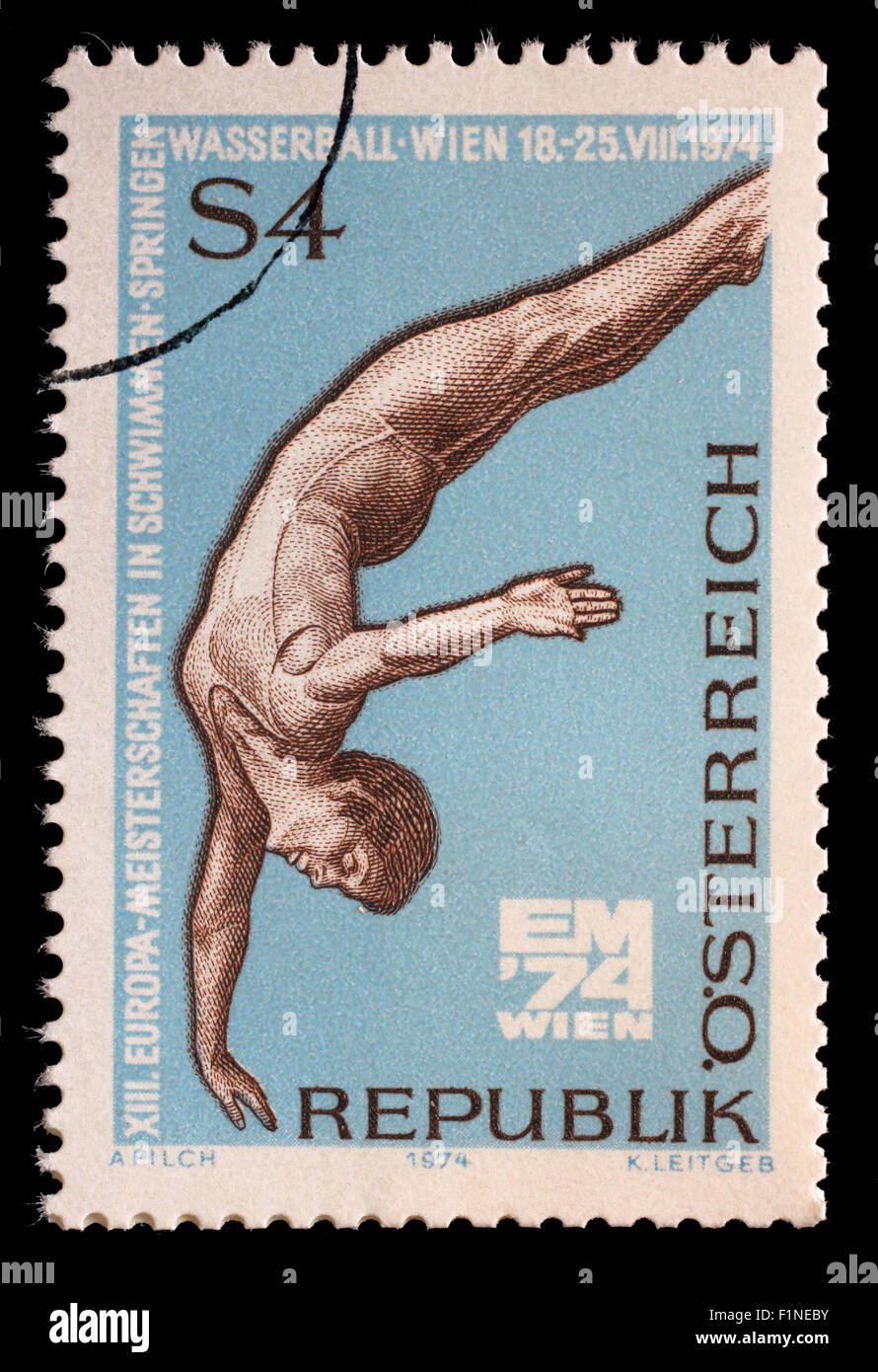 Timbres en l'Autriche montre plongeur, 13ème conférence européenne, de plongeon et de water-polo Championships, Vienne, vers 1974 Banque D'Images