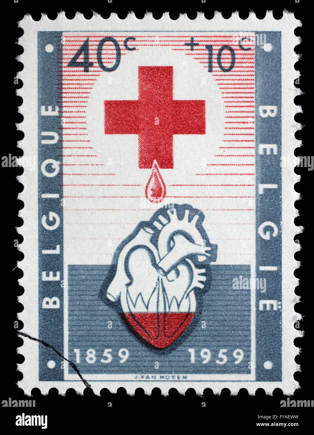 Timbre-poste de Belgique illustrant Croix Rouge, publié en 1959. Banque D'Images