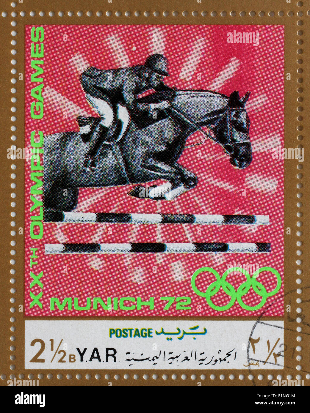 Timbres en République arabe du Yémen montre les courses de chevaux, Jeux Olympiques de Munich, vers 1972 Banque D'Images Timbres en République arabe du Yémen montre les courses de chevaux, Jeux Olympiques de Munich, vers 1972 Banque D'Images