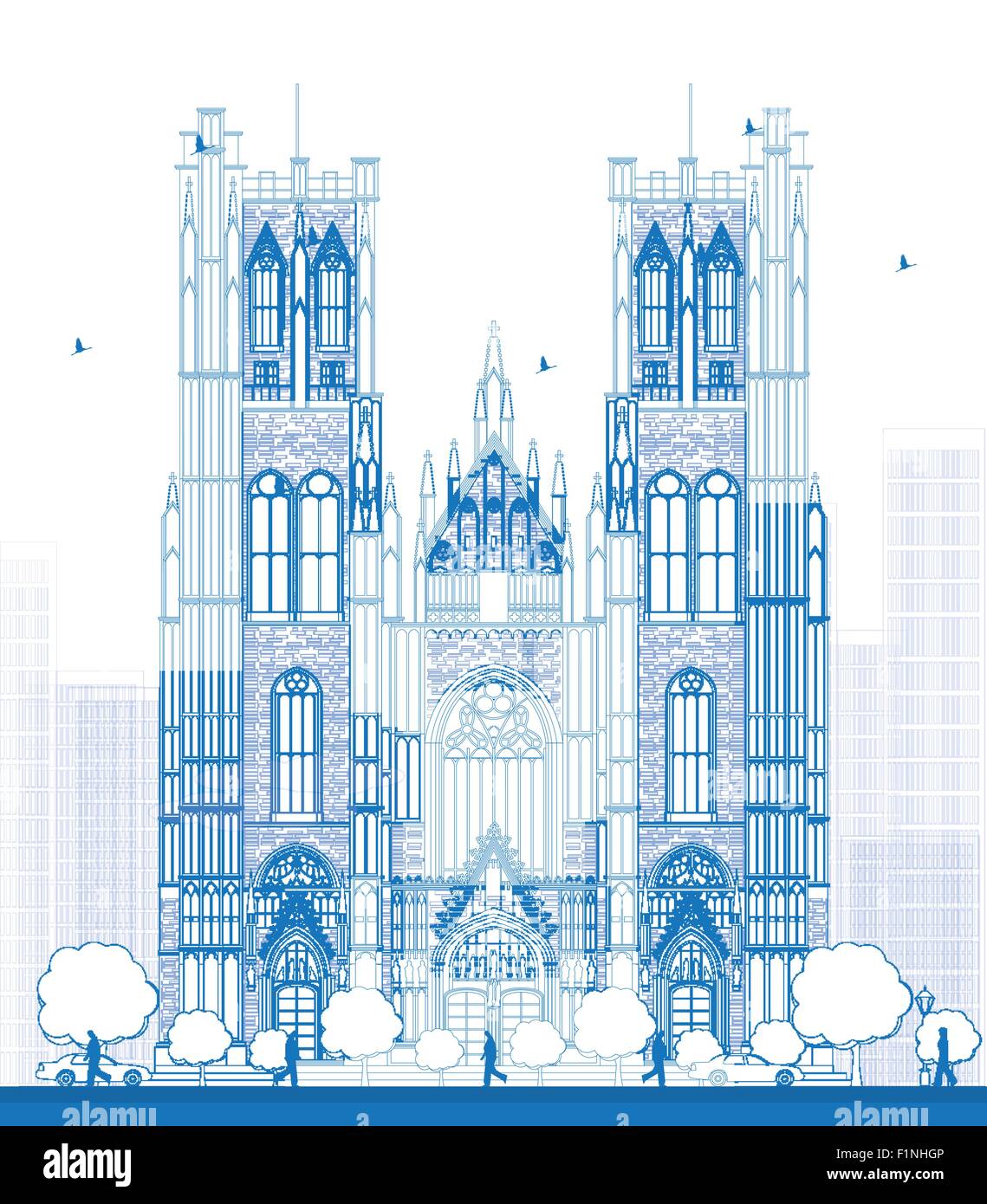 Description construction de la cathédrale de St Michel et St Gudule dans le centre de Bruxelles, Belgique. Vector illustration Illustration de Vecteur