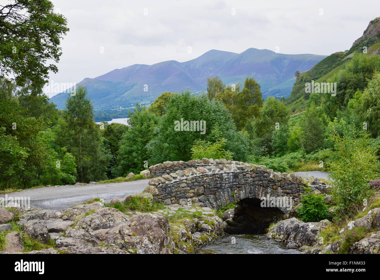 Ashness Derwent Water Bridge, dans le Lake District, Cumbria, Angleterre. Attraction touristique très populaire. Banque D'Images