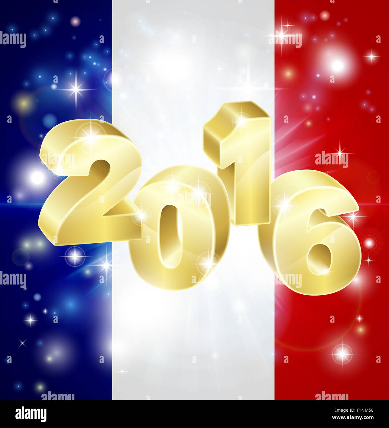 Un drapeau Français avec 2016 en sortir avec Fireworks. Concept pour la nouvelle année ou quoi que ce soit d'intéressant qui se passe en France dans les ye Banque D'Images