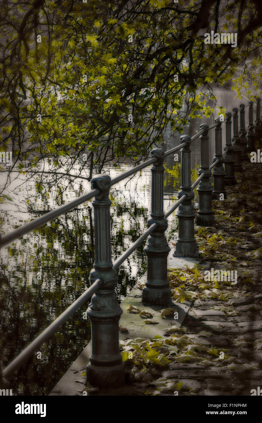 Garde-corps avec des arbres en surplomb de la rivière Banque D'Images