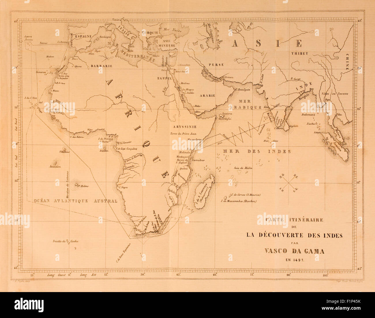 Carte montrant l'itinéraire de l'Europe à l'Inde pris par Vasco de Gama (1460-1524), explorateur portugais et le premier Européen à naviguer avec succès la route de l'Europe le Cap de Bonne Espérance à l'Inde, de l'atterrissage le 20 mai 1498. Voir la description pour plus d'informations. Banque D'Images